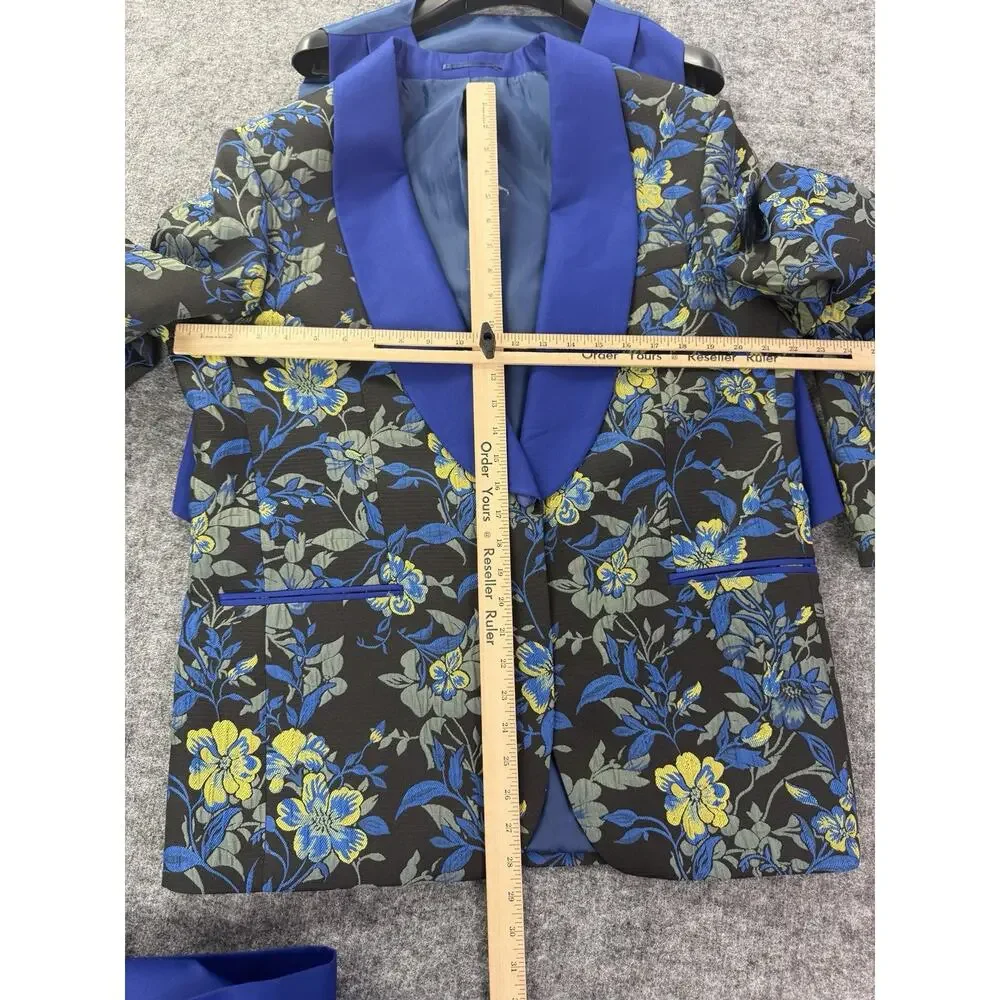 Pietro Scarlatti Mens Suit Tuxedo US 44 EU 54 Floral Blazer Vest Pants Blue T5